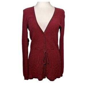 Daisy Fuentes Womens Bordeaux Metallic Ribbed Knit Tie Waist Cardigan Sweater S